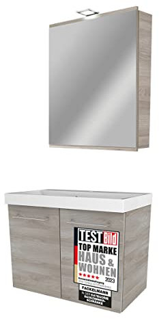 FACKELMANN Lima Badmöbel Set 3 Teile/Gussmarmor Waschbecken/Waschbeckenunterschrank mit 2 Türen/LED Spiegelschrank/Soft-Close/Korpus: Braun hell/Front: Braun hell/Breite: 60 cm