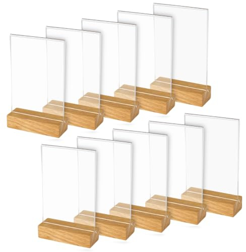 HMF Acryl Tischaufsteller im DIN A6 Hochformat, Tischkartenhalter mit massivem Holzfuß aus Eiche, 10 Stück, T-Aufsteller, Glasklar