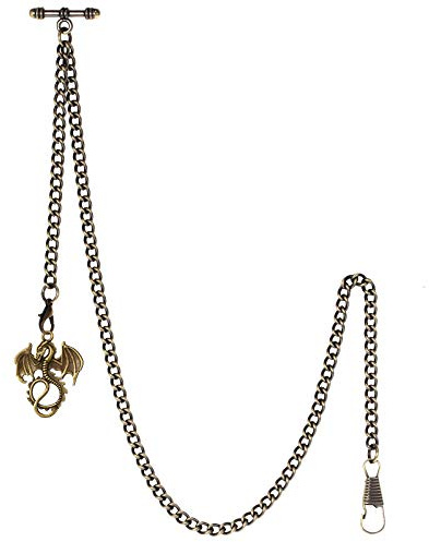 TREEWETO Men's Albert Chain Pocket Watch Curb Link Key Chain 2 Hooks with Antique Dragon Bronze Pendant Design Charm Fob T Bar