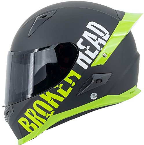 Broken Head BeProud Pro Motorradhelm Grün Mit Spoiler - Integral-Helm Mit Klarem + Schwarzem Visier - Gr. S (55-56 cm)