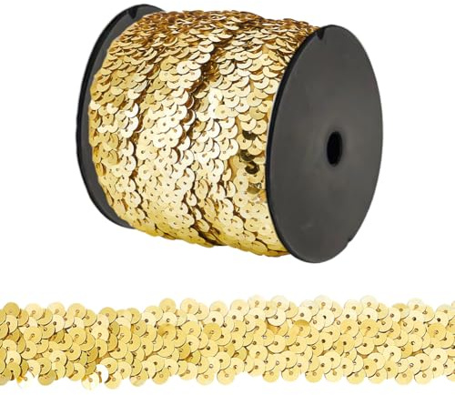 OLYCRAFT 10M Paillettenbesatz Applikation Paillettenband Stretch Paillettenbesatz 3-Reihiger Paillettenbandbesatz Glitter Stretch Bling Paillette Ribbon Für Kleiderverzierung Und Stirnband - Gold