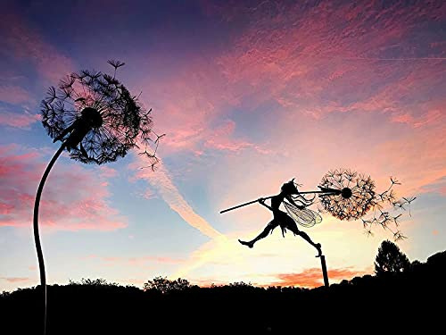 Garten-Silhouette, Fee und Löwenzahn, tanzt zusammen, Skulptur, Gartenfee, Dekoration mit dem Pusteblumen-Motiv, Metallkunst, Elfen-Silhouette, Ornament (D)