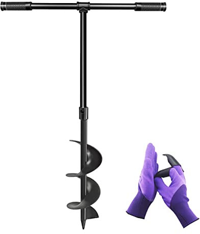 LONGRUN Garden Auger Drill, 6 Manual Fence Post Earth Auger Drill with Non-Slip Handle and Gloves, 15cm Soil Digger for Rapid Garden Planting Bulb, Seedling, Post Hole
