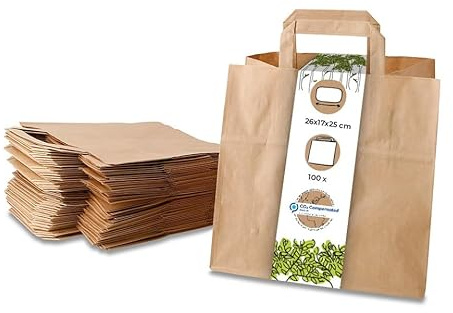 BIOZOYG 100x Papiertragetaschen 26 x 17 x 25 cm - braune Papiertüten mit Henkel Einkaufstüten - Papiertaschen Geschenktüten Tragetaschen Recyclingpapier