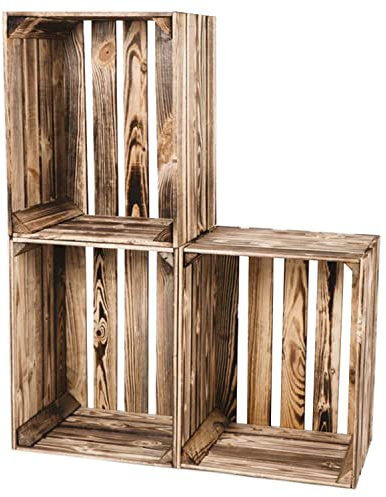 LAUBLUST Vintage Holzkisten 3er Set - Weinkisten & Obstkisten | Aufbewahrungskisten aus Holz - Geschenkkisten, Möbelkisten & Deko (Geflammt, 50 x 40 x 30 cm | XL)