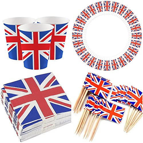 Union Jack 200 Piece Party Picnic Set for 50 People 50 x Paper Plates, Cups, Napkins, Sandwich Flags