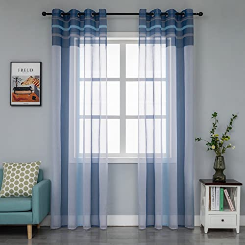 GIRASOLE HOME Coppia Tende Voile Semi Trasparenti a Righe Tenda per Soggiorno Camera Cameretta Cucina e Interni 2 Pannelli con Occhielli (140x235cm, Blu+Grigio)