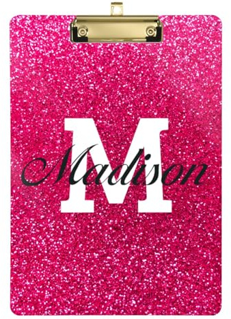 Personalisierbares pinkes Glitzer-Acryl-Klemmbrett, A4-Größe mit Ihrem Namen, 22,9 x 31,8 cm, niedriges Metallclip