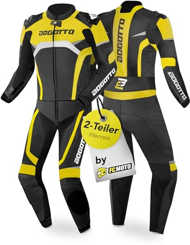 Bogotto Misano 2-Teiler Motorrad Lederkombi, schwarz/weiß/neon-gelb, 50