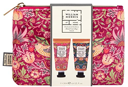 William Morris At Home Hand Cream 2x 30ml, Cosmetic Bag, Zip Pull Toiletry Beauty Organiser, Shea Butter, Patchouli and Red Berry Moisturiser, Travel Size, Vegan and Cruelty Friendly, Gift For Her