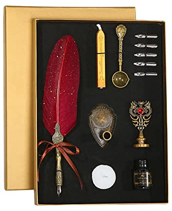 LICHENGTAI Stylos Plume de Calligraphie Encre Set Dip Pen avec 5 Plume, Ensemble Stylo Plume et Encre de Calligraphie Vintage, Plume de Calligraphie Vintage pour Signatures, Ecriture, Vin Rouge