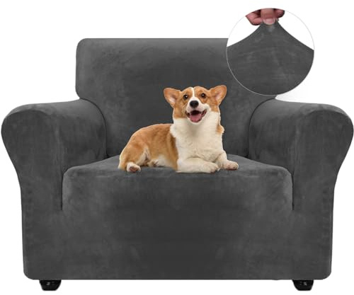 Ystyle Elastischer Samt Sofabezug 1 Sitzer, Grau | Stretch Sofa Überzug, Sofaschoner Rutschfest, Couch Überzug, Sofa Cover mit Armlehnen, Sesselschoner Sofaschutz Katze