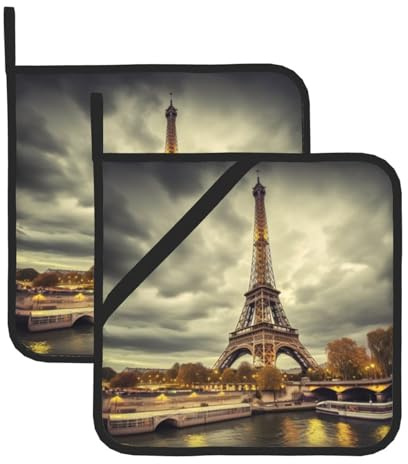 Set di 2 presine da cucina con stampa Torre Eiffel Parigi, resistenti al calore, antiscivolo, per cucina, cottura, barbecue, presine con tasche