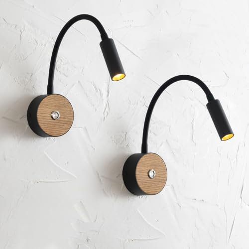 Ouglres Lampe Murale 360° Pivotant Col de Cygne - Applique Bois et Noir avec Interrupteur Pour Chambre, Couloir, Salle de Bain, Hôtel