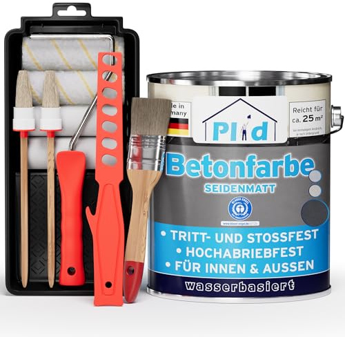 Plid Betonfarbe Anthrazitgrau Seidenmatt 2,5 L Set - Bodenfarbe für Beton | Flüssigkunststoff Bodenbeschichtung | Kellerbodenfarbe | Innen & Außen | ca. 25 m² | UV-beständig | Made in Germany