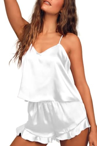 Ekouaer Pigiama da Donna Sexy in Raso Biancheria da Notte Estiva Pantaloncini Negligee,Bianco,XXL