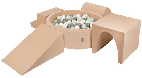 KiddyMoon Spielplatz Velvet Aus Schaumstoff Mit Samt Rund Bällebad (300 Bälle) Ballgruben Für Babys Spielbad Hindernisläufen, Sandbeige:Weiß/Grau/Minze