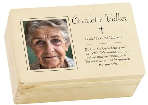 LAUBLUST Trauer Erinnerungsbox - Trauerkiste Personalisiert mit Foto, Name & Wunschtext - Erinnerung Motiv, UV-Druck | Erinnerungsbox Verstorbene - ca. 20 x 15 x 10 cm | S - Natur, FSC®