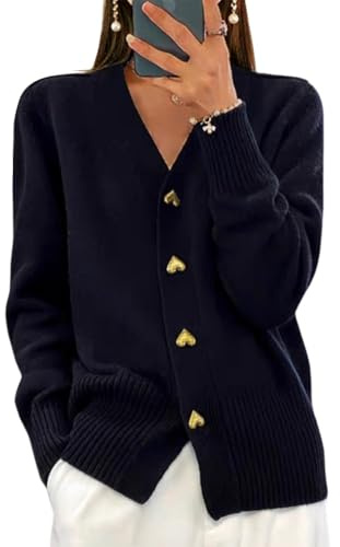 shownicer Gilet Femme Cardigan Manches Longues Tricoté Chic et Elégant avec Boutons à Col en V Ouvert sur Le Devant Décontracté Manteau Mode Pull A Noir L