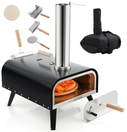 GYMAX Forno per Pizza da Esterno a Legna, Pietra Girevole 30 cm, Pala e Termometro, Portatile in Acciaio Inossidabile con Borsa