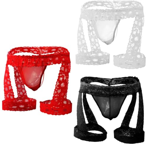 VemeFufu Pizzo Jockstrap Suspensorio per uomo Intimo Vita bassa Mutandine con Borsa Sexy Perizoma Masculino 3 Pack Nero Rosso Bianco, 3 confezioni multicolore, Taglia unica
