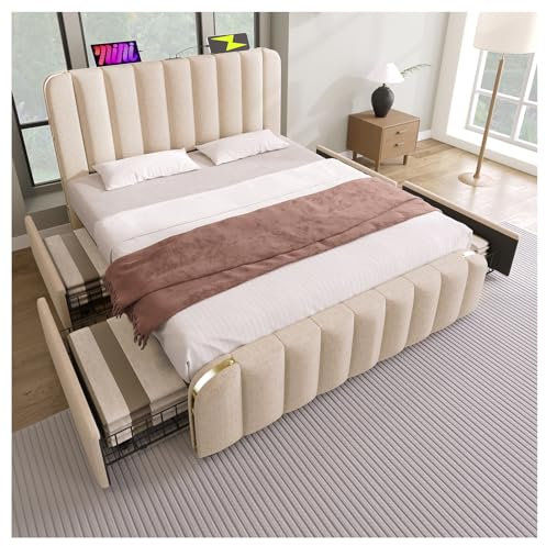 Polsterbett Doppeltes 140 * 200cm,gepolstertes Kopfteil mit goldenen Zierstreifen und USB Typ-C Ladefunktion,Beige Leinen-Material Jugendbett mit 4 Schubladen,Belastbarkeit 181kg (Mit Matratze)