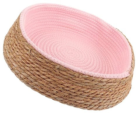 Milisten Woven Round Pet Bed Woven Cushion for Pet Sturdy Rattan Material Small Size Pink Color Suitable for Cats and Small Dogs Indoor Sleeping Nest