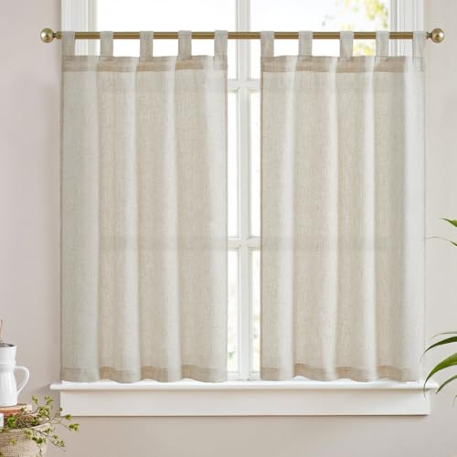 Vangao Gardinen Kurz mit Schlaufen Bistrogardine 2er Set 65Bx115Hcm Beige | Leinenoptik Scheibengardinen, Küchengardinen Lichtdurchlässig Landhausstil für Küche Wohnwagen Kleine Fenster 115cm lang
