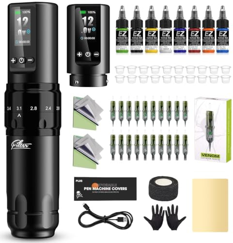EZ Tattoo Maschinen Set - Tattoo Set mit 7 Hübe 2.0-4.0mm Kabelloser Tattoo Maschine, Extra 1600mAh Stromversorgung Akku, 20 Stück Tattoo Nadeln für Tattoo Anfänger und Künstler (X30)