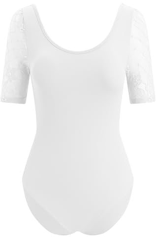IWEMEK Ballett Tanztrikot Damen Spitze Kurzarm Ballettanzug Gymnastik Ballettbody Bodysuit Body Sport Gymnastik Turnanzug Top Kostüm Weiß L