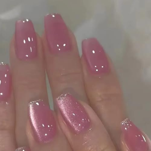Ceboic 24 Stück French Press on Nails, Mittel Eckig Fingernägel zum Aufkleben Rosa Katzenauge Falsche Nägel, Glänzend Künstliche Nägel Selbstklebende Square Fake Nails Full Cover Kunstnägel