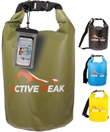 Active Peak® Dry Bag wasserdicht Rolltop Packsack 2 L–20 L mit Handyhülle, Schwimmfähige Outdoor Tasche für Kajak, Boot, Strand, SUP, Wandern, Camping (Armygrün, 2 Liter)