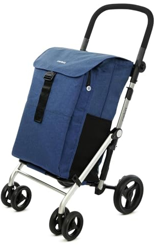 Carlett - Classic Family Lett470 | Hopfällbar vagn | Tung stormarknadsvagn | 4 hjul | för stora köp | Stor kapacitet 64 l | Huvudväska 32 kg | 12 liter isotermisk påse | Denim