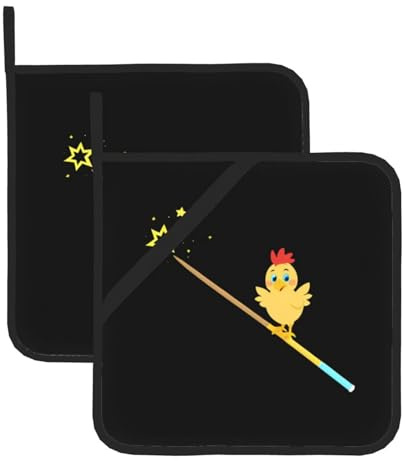 HYTTER Magic Wand Huhn bedruckter quadratischer isolierter Topflappen, 20,3 x 20,3 cm, verbrühungsschutz und wärmeisolierend, wasserdicht, 2 Stück