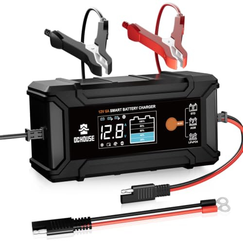 DCHOUSE Cargador de batería de 12 V y 5 A, cargador inteligente para baterías de litio de 14,6 V para baterías LiFePO4 y plomo ácido, para baterías de coche, camión, moto, cortacésped, barco, marino