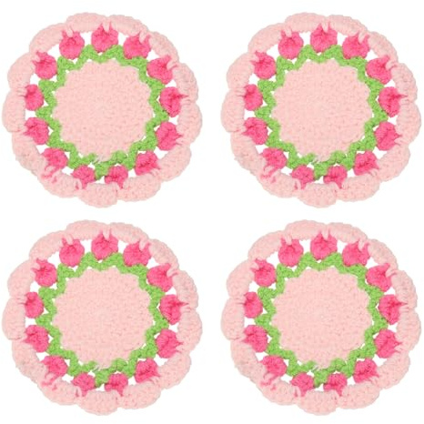 uxcell Floral Crochet Coasters, Flower Knitted Cup Mats Crochet Plant Pot Coaster for Wedding Birthday Party Home Office Decor Pink