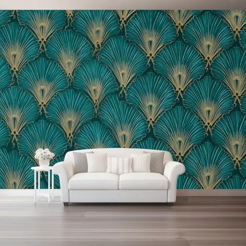3D Wall Mural Art Deco Style Fan-Shaped Floral Pattern Print Photo Wallpaper, Luxury Non-Woven Wall Mural Decoration Poster Picture Cyan Gold 200 X 140 Cm Wallpaper Living Room Bedroom Office
