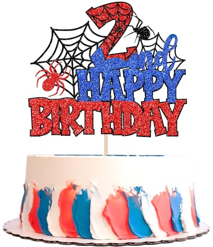1 Stück Spinne Thema Tortendeko 2nd Happy Birthday Cake Topper Glitzer Schrecklich Spinnennetz Kuchen Deko für Spinne Thema Kinder Zweiter Geburtstag Party Kuchen Dekoration Blau Rot