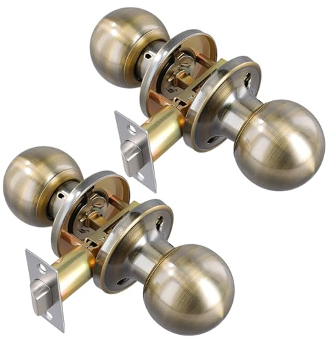 YUENPUN 2 PCS Small Brass Door Knob, Ball Entrance Door Knobs with Lock, Stainless Steel Locking Door Knob for Bedroom, Bathroom, Office