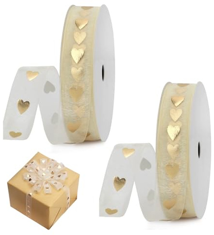 YingMengZhiGe 2 Rollen Geschenkband Gold,Schleifenband Gold,Goldenes Band,Geschenkband Hochzeit,Satinband gold für Geschenk Haarschleifen,Brautstrauß,Nähprojekte,Hochzeits Dekoration