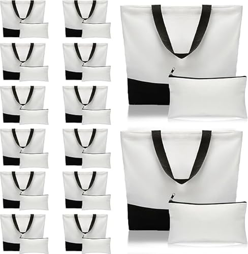 28-tlg. Sublimation Canvas Taschen Set: 14x Große Shopper & 14x Kosmetiktaschen Blanko,Stofftaschen zum Bedrucken & Bemalen,DIY Baumwolltaschen mit Reißverschluss für Transferdruck, Basteln, Geschenke