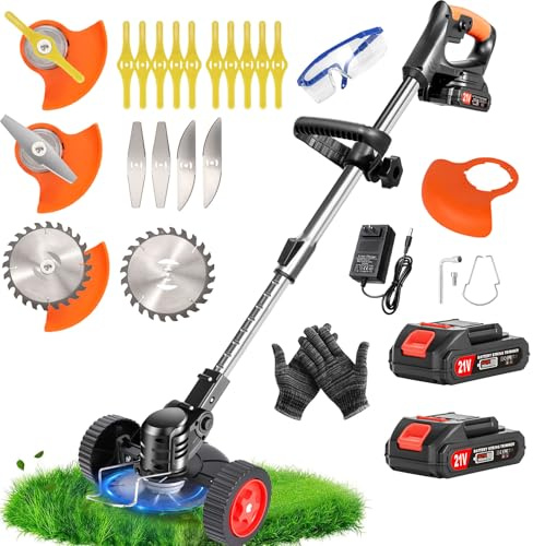 Desbrozadora eléctrica inalámbrica de 21 V, corte de borde inalámbrico con batería y cargador rápido y 4 tipos de cuchillas, desbrozadora de batería con rueda, ligera y de bajo ruido para jardín