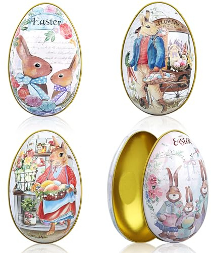 4X Osterei zum Befüllen 11x6.5x7cm Ostereier Keksdose Metall, Bunte Fülleier für Ostern, Osterei Dosen mit Hasenmotiv, Wiederverwendbare Oster Eier Boxen für Süßigkeiten, Geschenke & Osterdekoration