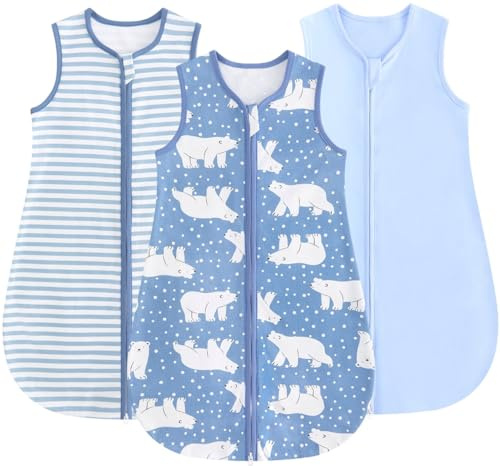 JiAmy 0.5 TOG Baby Schlafsack 3er Pack, Baumwoll Babyschlafsack für Sommer, tragbare Babydecke für Neugeborene & Babys Blauer Eisbär 0-6 Monate