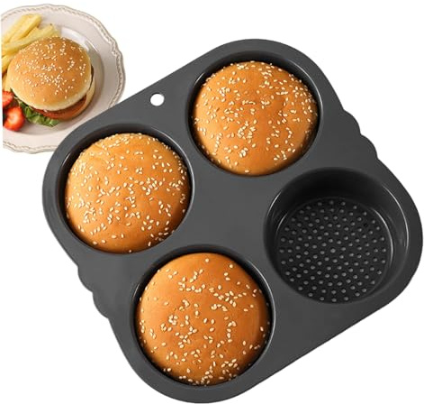 Moule à pain à hamburger 4 cavités, plateau de cuisson rond en silicone de 4 pouces, moule pain antiadhésif avec porosité Dense pour outil cuisine |.Poêle hamburger