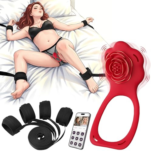 BDSM Bed Restraints & Hands-Free Wearable Panty Vibrator, Rose App Controlled Clitoral Stimulator Vibrating Panties & 4-Strap Tie-Down Bondage Set Ankle Wrist Cuffs for Women Couples Beginner