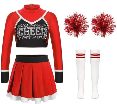WSQHAO Flicka cheerleading-uniform cheerleading-dans outfit crop top veckad kjol blombollar strumpor för cheerleading team danskläder set för kvinnor (A röd, 8)