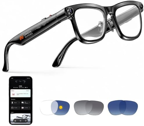 GenXenon Occhiali-Camera, Occhiali Connessi con Fotocamera, Sensore 8 MP, Registrazione Video 1080P, Batteria 300 mAh, Aste Flessibili, Occhiali Bluetooth per Viaggi, Vlog e Attività all'Aperto