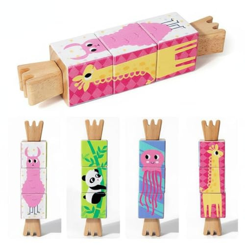 predolo Holz Drehpuzzle Tiere Trainiert Feinmotorik Rotierendes Würfelpuzzle Leicht zu Greifen Drehbares für Babys, Stil 1