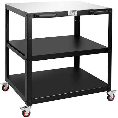 Feasto Outdoor Grill Cart with Stainless Steel Top, 3-Tier Outdoor Kitchen Cart with Adjustable Middle Shelf, Ideal for Pizza Oven and BBQ Prep, 90 x 65 x 83 cm